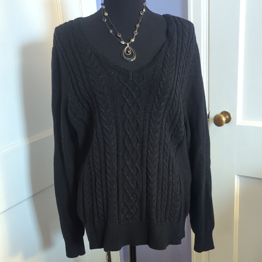 Chaps Black V-Neck Cable Knit Sweater